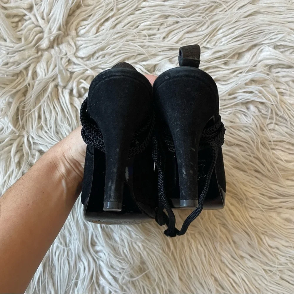 Yves Saint Laurent Dallas Vintage Black Suede Lace Up Ankle Wrap Pumps Size 6.5
